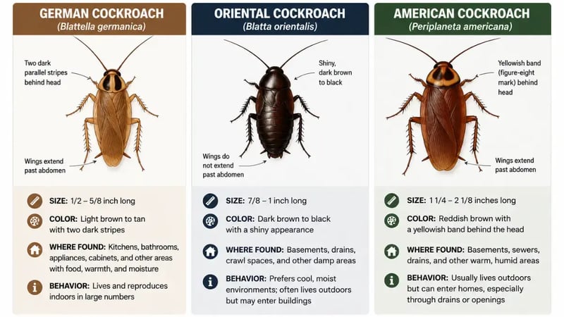 Illustration comparing German, Oriental, and American cockroach species
