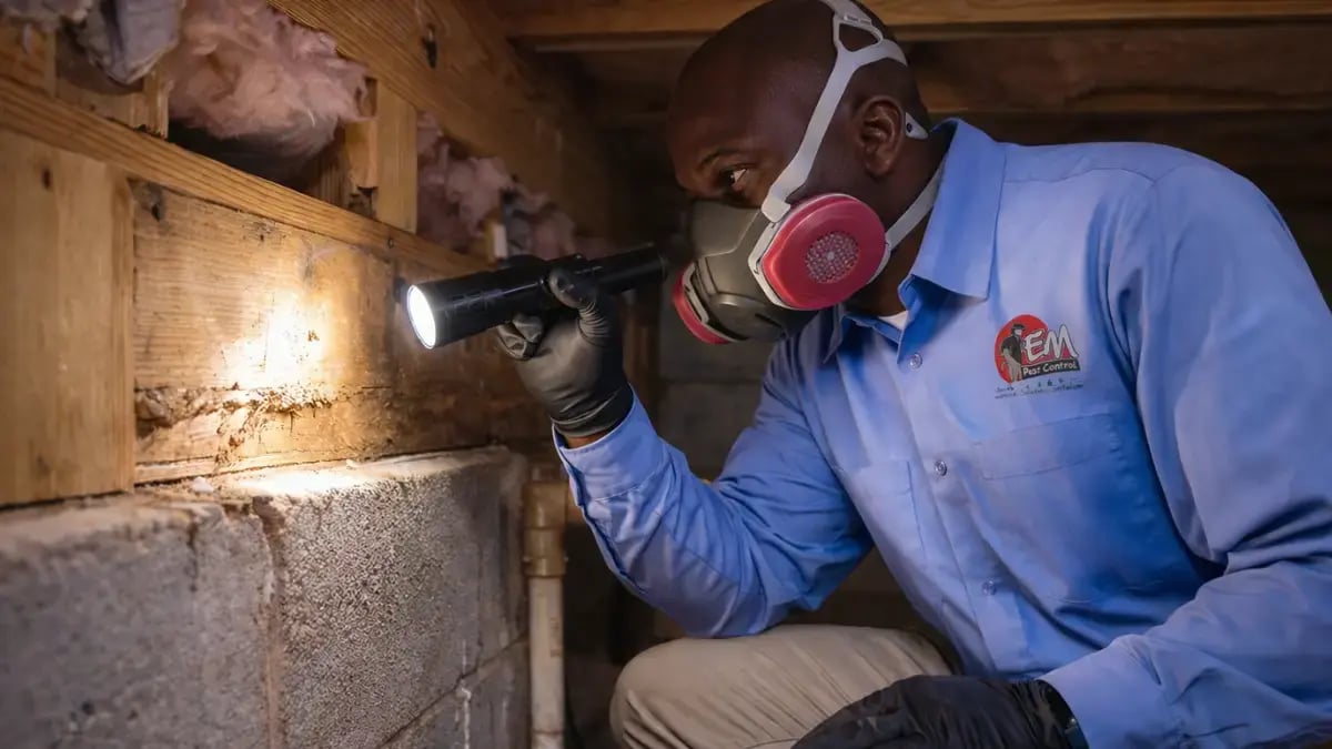 EM Pest Control technician inspecting a crawl space with a flashlight