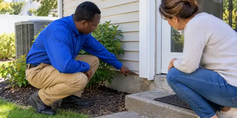 Pest control technician explaining a possible pest entry point to a homeowner