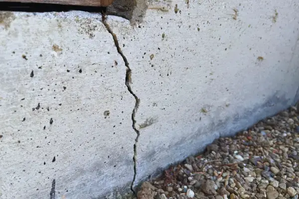 Close up of concrete foundation wall crack
