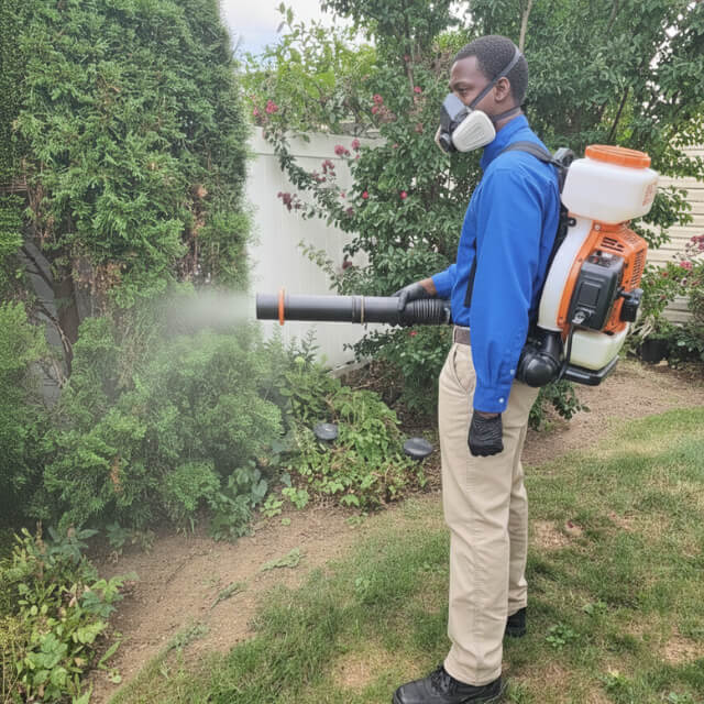 Mosquito treatment being applied outdoors on a Long Island property