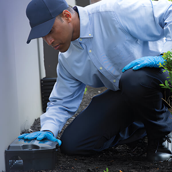 technician putting down a rodent bait station